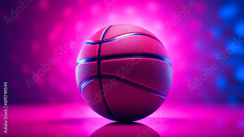 Basketball on a reflective surface with neon pink and blue lighting. © ardanz