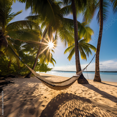 A hammock gently swaying between two palm trees on a secluded tropical beach