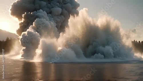 ground rumbles shakes geyser releases massive burst water steam. photo