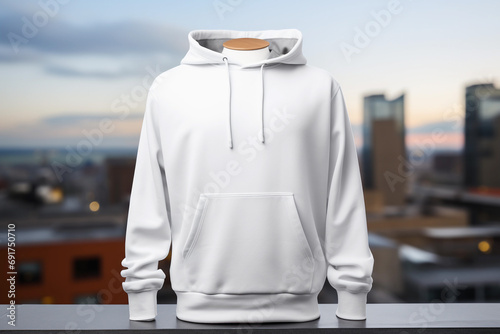 Blank white hoodie mockup with urban skyline background, suitable for branding presentation.