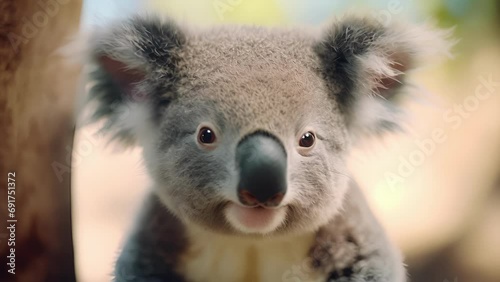 Closeup of a koalas face, with their adorable on nose and big fluffy ears, all leading to their wideset eyes that seem to speak volumes without making a sound. photo