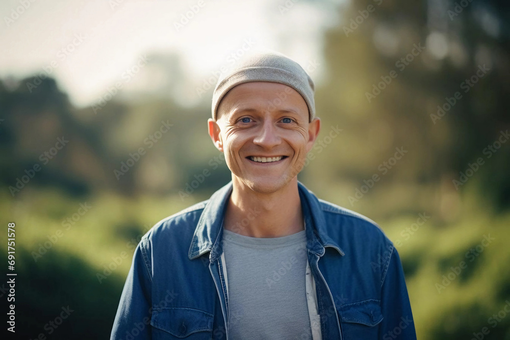 Brave Man Battling Cancer, Patient Smiling in the Face of Hope, World Cancer Day Brave Man Battling Cancer, Patient Smiling in the Face of Hope, World Cancer Day