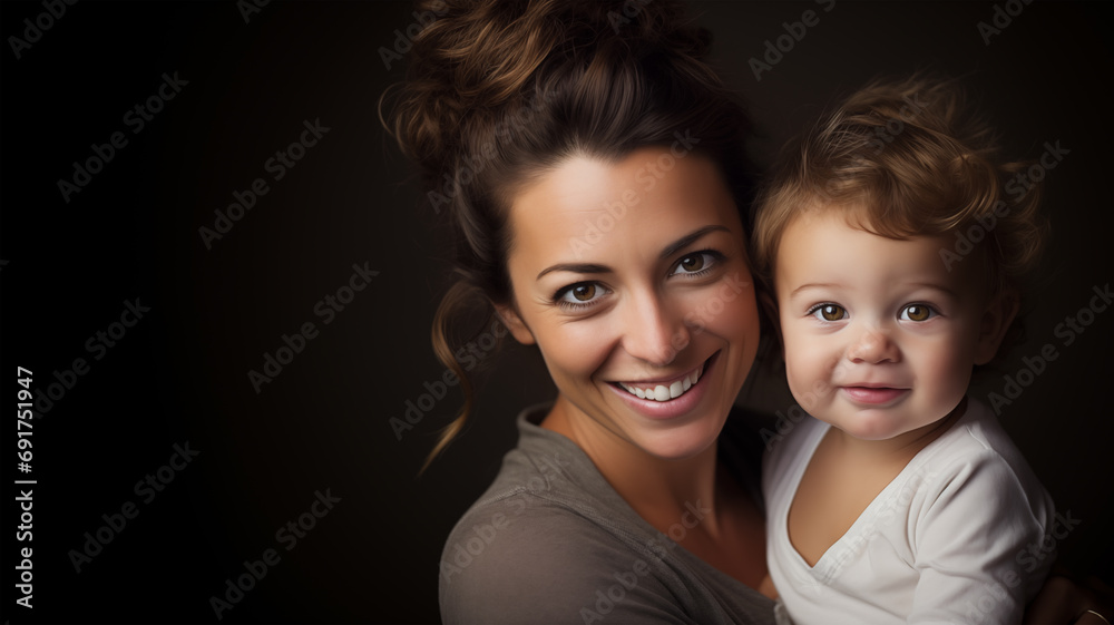 Portrait of young mother and baby on black background. Family and baby care, love, mother's day concept