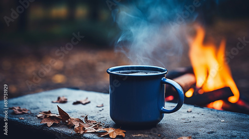 blue enamel cup of hot steaming coffee sitting on an old log by an outdoor campfire. photo