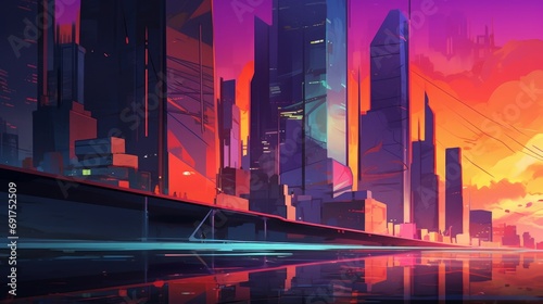 Print op canvas drawn bright city of the future in cyberpunk style, Generative AI
