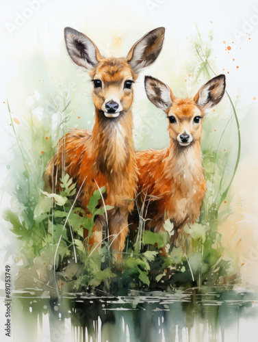 Aquarel artwork with two deer in green and orange 