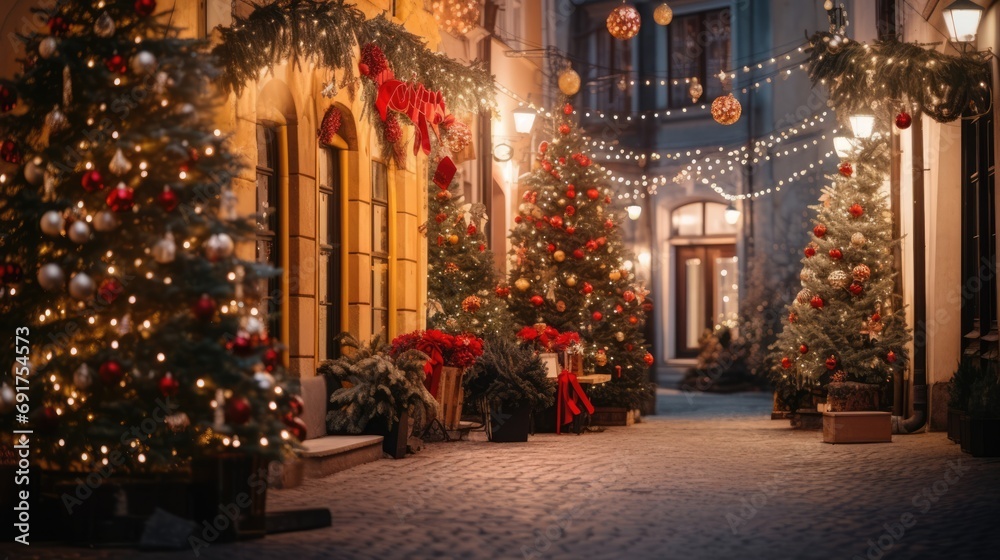 Christmas illumination and decorations in old town. New Year atmosphere. AI Generated
