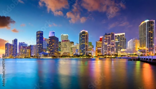 Miami city skyline with skyscrapers on the water photo