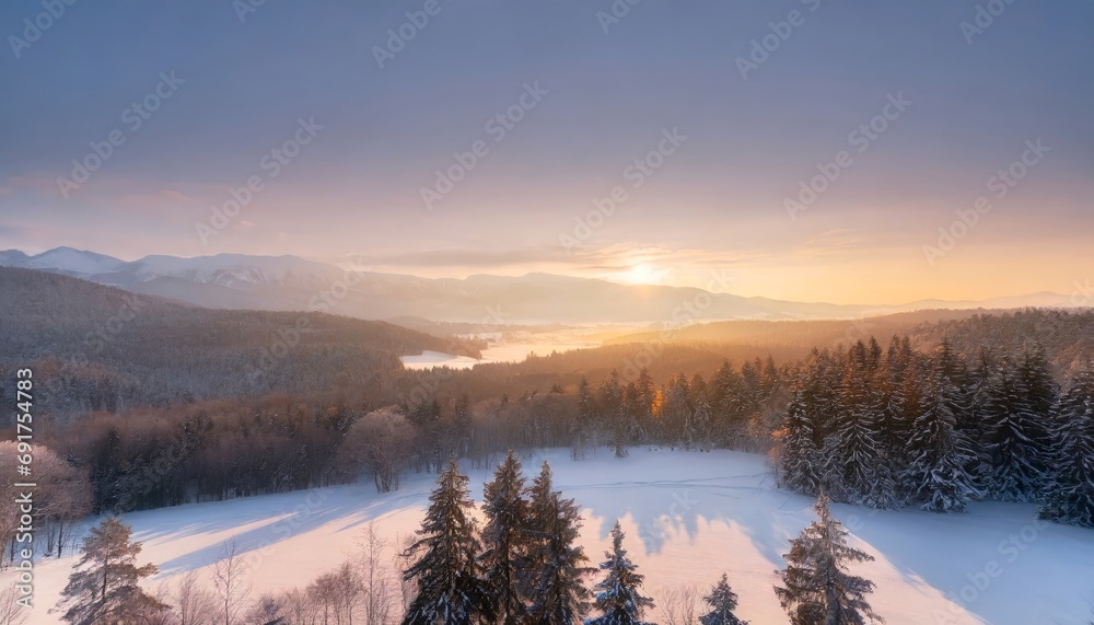 Winter solstice with a snowy forest and mountains in the background Winter solstice with a snowy forest and mountains in the background