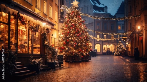 Illuminated Christmas tree in the street of an old town. New Year ambience. AI Generated