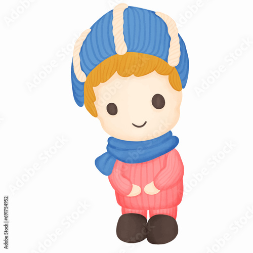 Cute cartoon wearing warm clothes in winter. Vector illustration