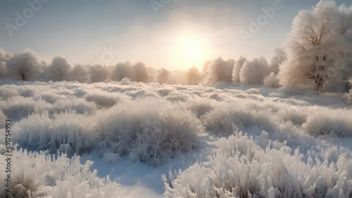 wide shot field covered layer frost flowers, creating beautiful winter wonderland. photo