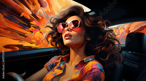 Girl in sunglasses, bright image in graffiti style.