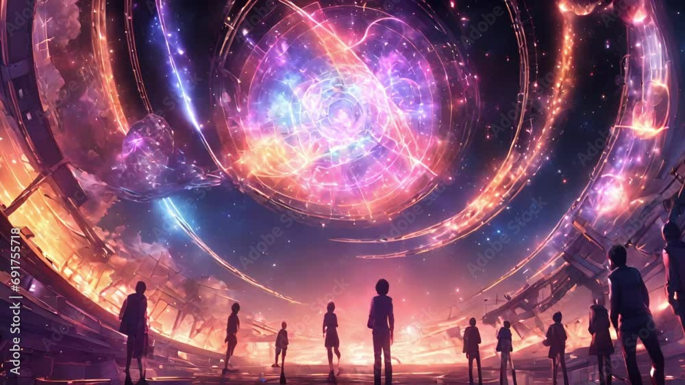 crew approaches wormhole hub, they greeted dazzling display lights holographic projections, showcasing various planets systems connected hubs network. imposing structure 2d animation