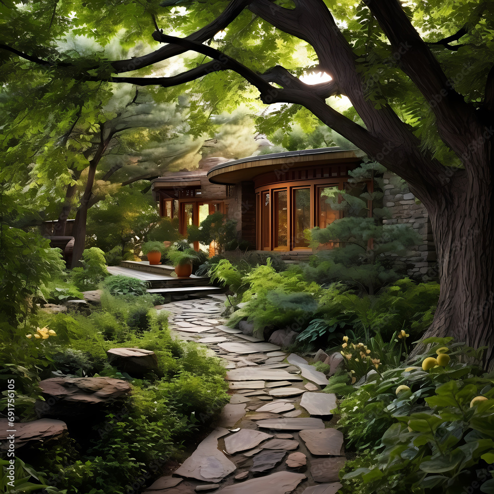 A secluded garden with a winding stone path and hidden nooks