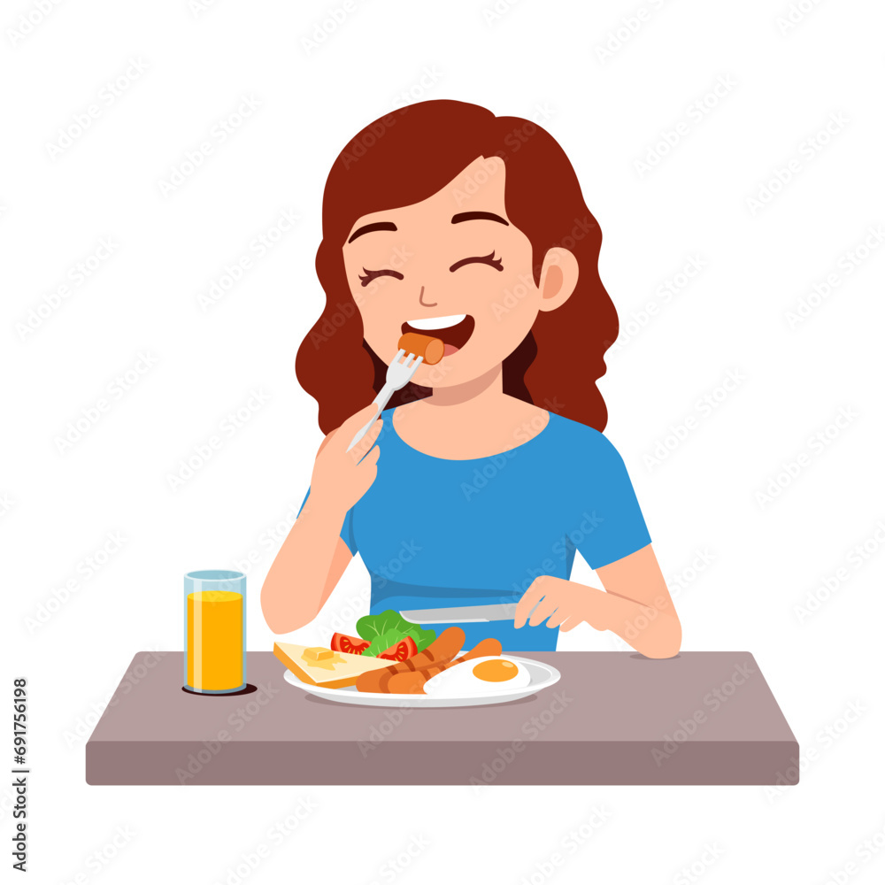 young adult eat sausage egg and toast bread young adult eat sausage egg and toast bread