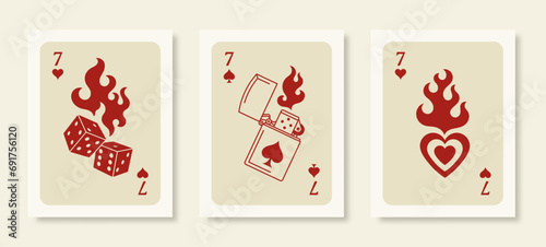 Playing Cards Posters. Retro Wall Art Prints Set with Dice in Flames, Lighter and Heart in a Trendy Modern Style.