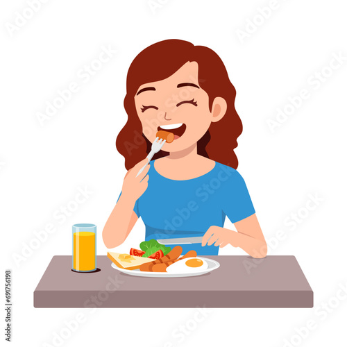 young adult eat sausage egg and toast bread