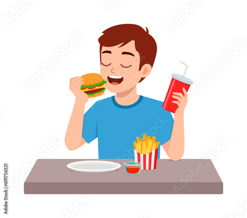 young adult eat hamburger and feel happy