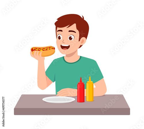 young adult eat hotdog and feel happy