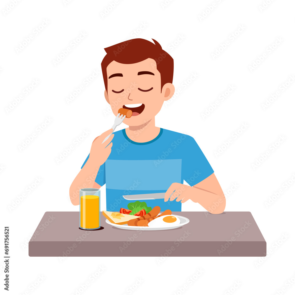 young adult eat sausage egg and toast bread young adult eat sausage egg and toast bread