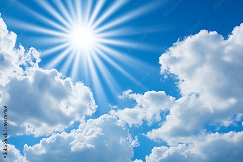 sun rays bursting through white fluffy clouds in a blue sky. Generative AI 