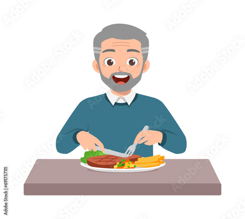 old elderly eating meat steak and feel happy