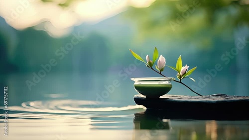 Closeup of the serenity and calmness evoked by the ikebana surrounded by the peaceful and tranquil water, allowing for a moment of quiet contemplation.