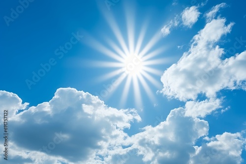sun rays bursting through white fluffy clouds in a blue sky. Generative AI 