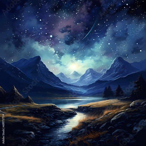 A starry night sky over a peaceful mountain landscape