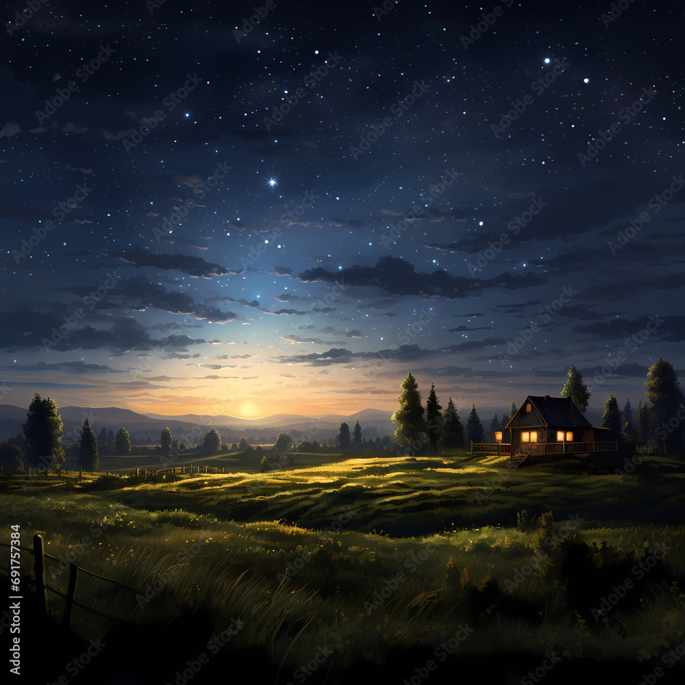 A starry night sky over a serene countryside