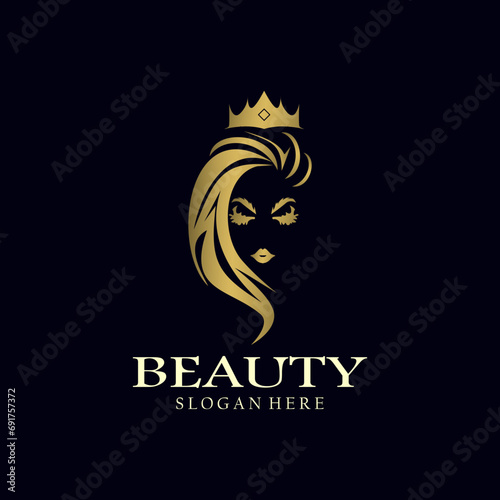 Women's hair salon with modern gold logo design. Premium Vector beauty logo.