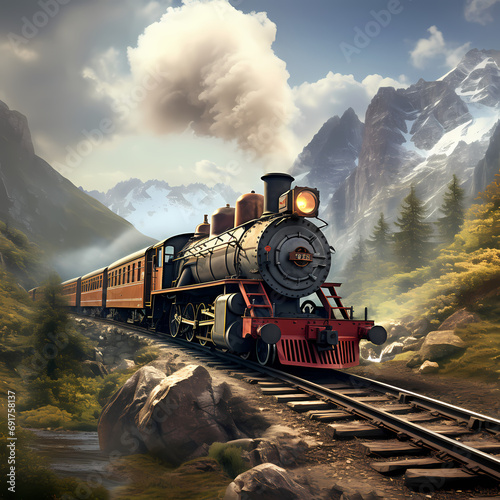 A vintage steam train winding its way through a mountain pass