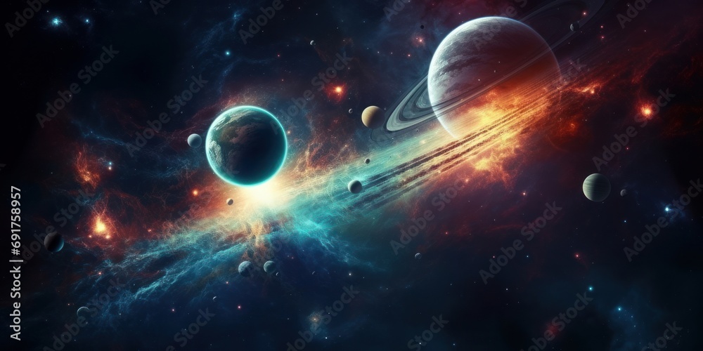 Universe scene with planets, stars and galaxies in outer space showing the beauty of space exploration, Generative AI 