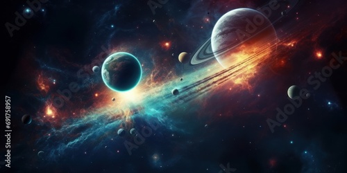 Universe scene with planets, stars and galaxies in outer space showing the beauty of space exploration, Generative AI 