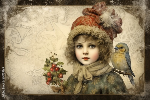 Christmas card, vintage style. Portrait of a cute little girl with a bird. New Year postcard. AI Generated