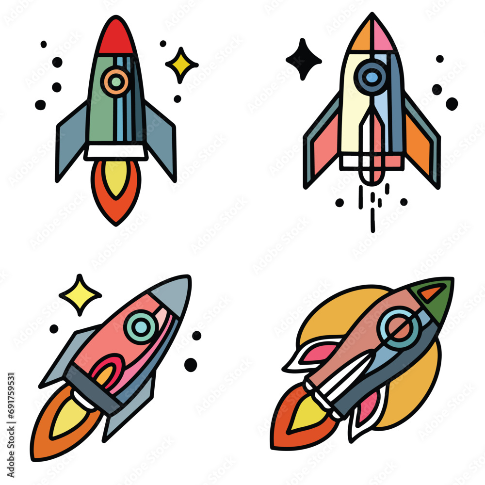 set of space rocket, colorful rocket on white background. set of space rocket, colorful rocket on white background.
