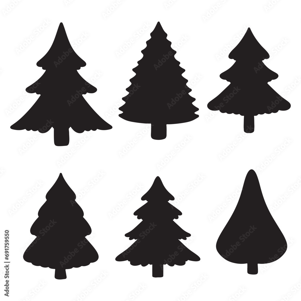 Obraz premium Isolated Pine on the white background. Pine silhouettes. Christmas elements. Vector illustration. Design, packaging, wallpaper.