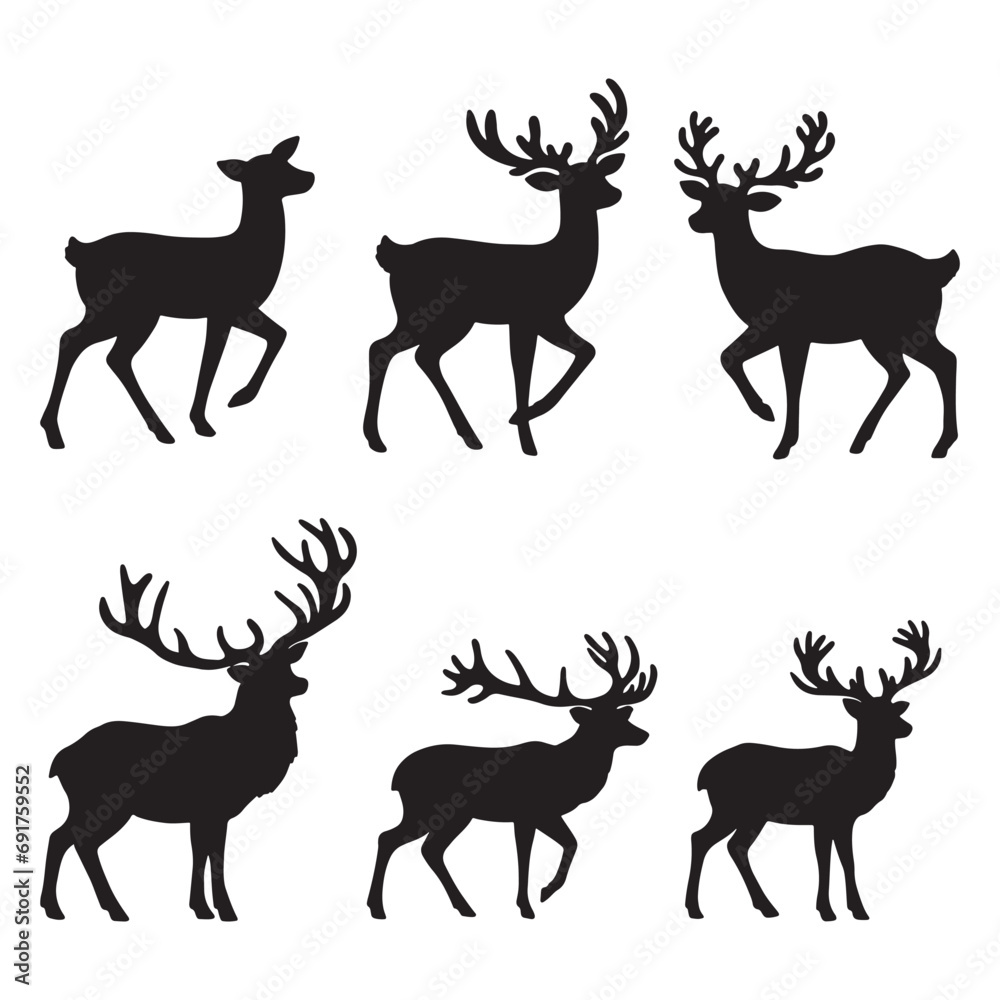 Naklejka premium set of deer on the white background. deer silhouettes. Vector EPS 10.