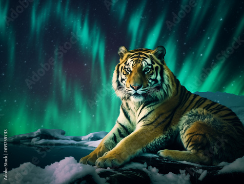 A Photo of a Tiger at Night Under the Aurora Borealis