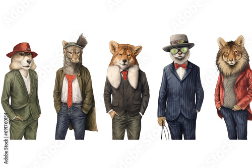 stylization humor mask creative cover costume cool clothing character chaplet blouse art fashion anthropomorphism animal Animals clothes Concept graphic vintage style Wolf Bird Lion Dog Elephant