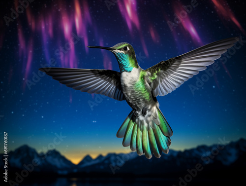 A Photo of a Hummingbird at Night Under the Aurora Borealis © Nathan Hutchcraft