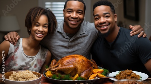 joyful African American family of three gathers around a table with a perfectly roasted turkey, their smiles expressing warmth and togetherness. homecooked dishes comfort and gratitude photo