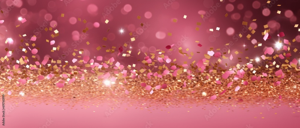 Golden confetti on pink background for celebration and party atmosphere