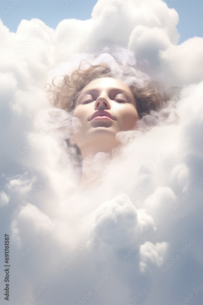 Beautiful young lady sleeping like an angel on white clouds in heaven. AI Generated