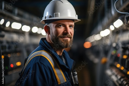 Electrical engineer wearing helmet and working at electrical plant. Generative AI.