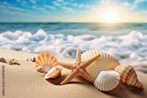 seashells and starfish scattered on a sandy beach with ocean waves in the background. Generative AI  © Vasudha