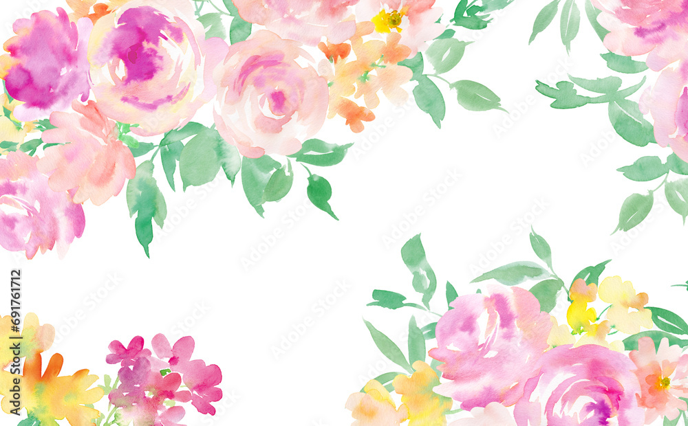 水彩で描いたピンクのバラと草花の背景用イラスト
