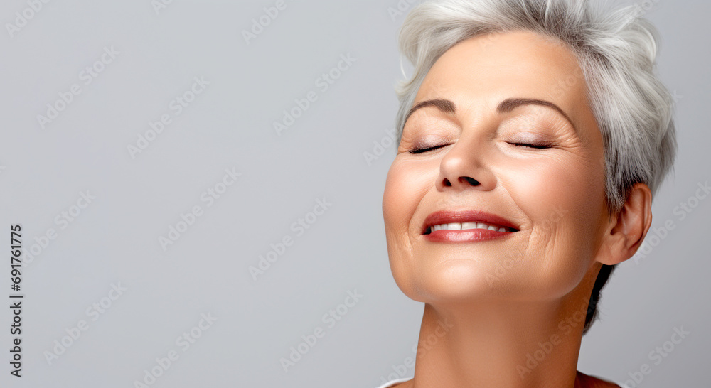 Spa - Happy Smiling Mature Woman Showing Perfect Skin in Studio. Horizontal Image. Spa - Happy Smiling Mature Woman Showing Perfect Skin in Studio. Horizontal Image.