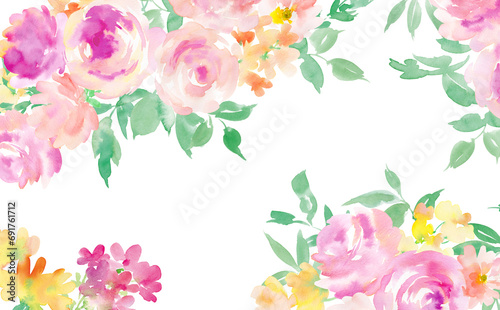 水彩で描いたピンクのバラと草花の背景用イラスト  © Sawango